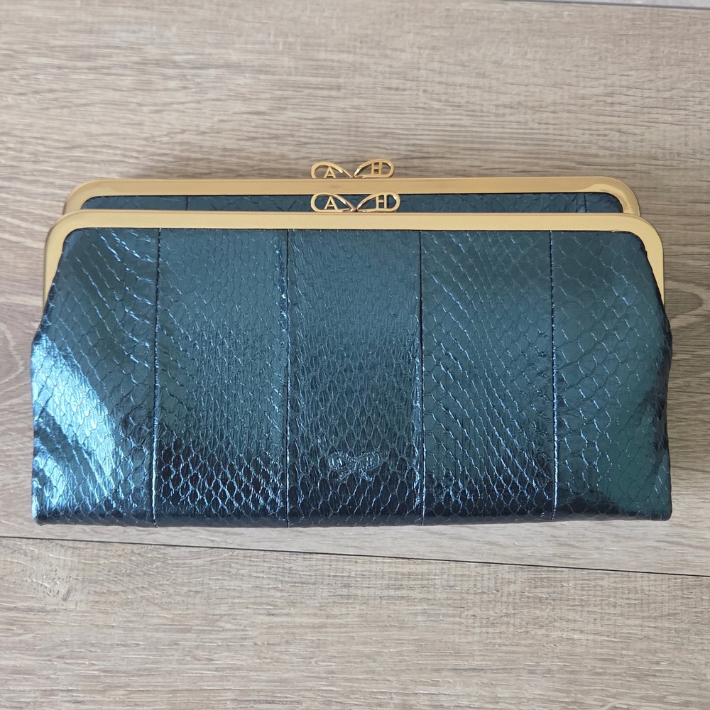Anya Hindmarch Luce Blue Metallic Seasnake Leather Kiss Lock Clutch Wallet Bow